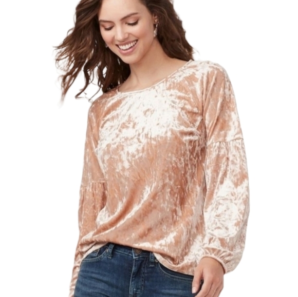 NEW Lauren Conrad Volume Sleeve Velvet Long Sleeve Top Peach Nude Size Medium